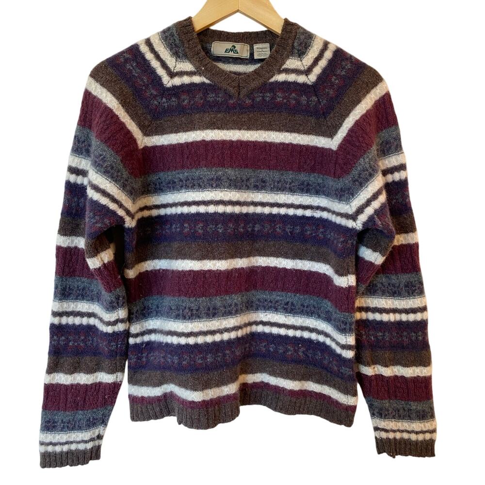 EMS Long Sleeve Wool Striped V-Neck Pullover Sweater Gray Women's Small Vintage